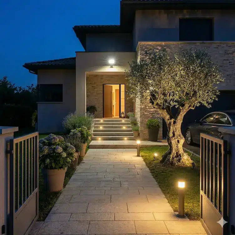 Aménagement d'un éclairage devant la maison.